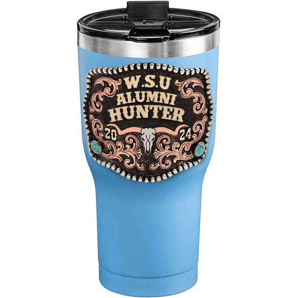 A customized tumbler made of stainless steel with a personalized engraved initials and Alumni Hunter lettering, 30 oz, ideal for coffee or cool drinks